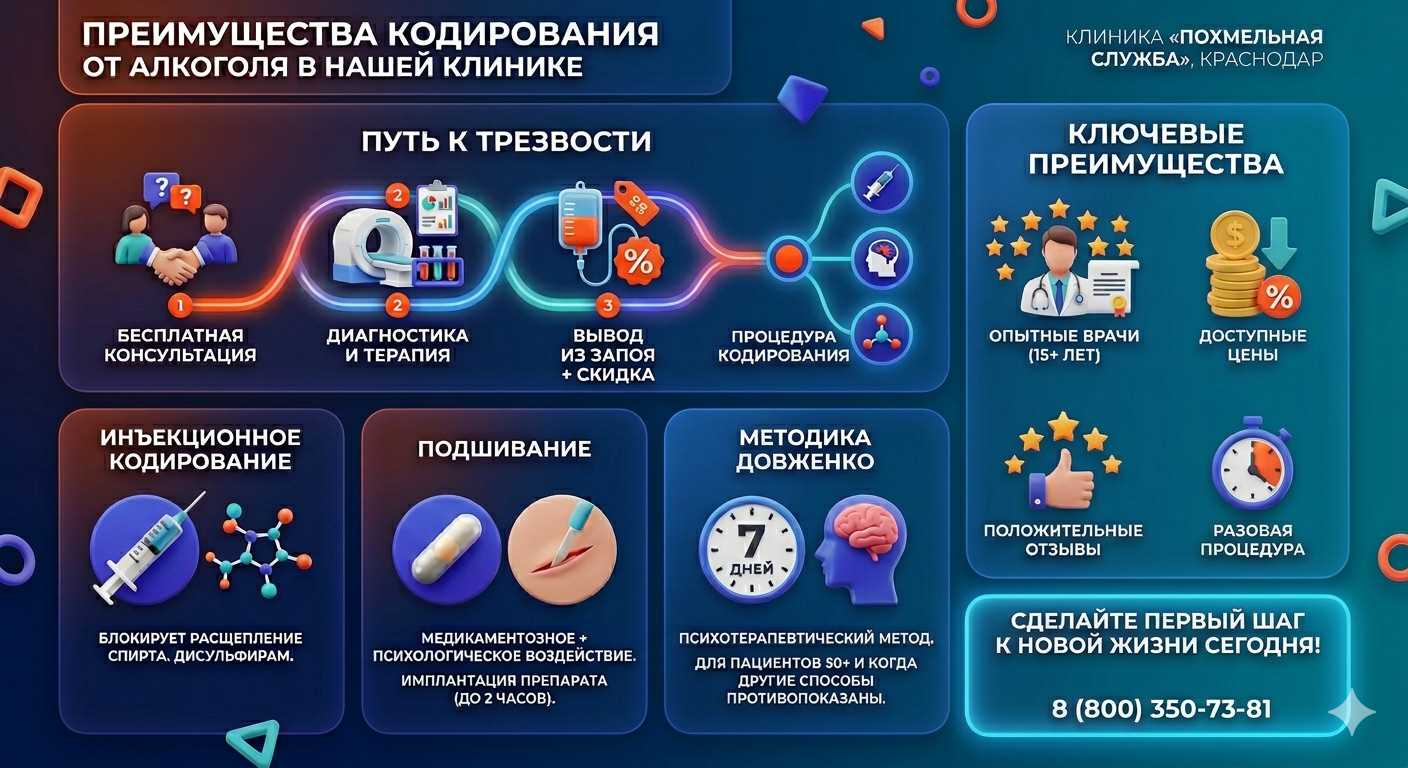 Инфографика о методах кодирования от алкоголя в Балахне: инъекции, подшивание, метод Довженко. Преимущества клиники и этапы лечения.